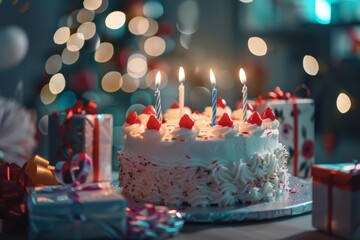 A birthday cake with lit candles