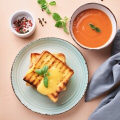 Wall Mural - Grilled cheese sandwich on a plate next to tomato soup in a bowl