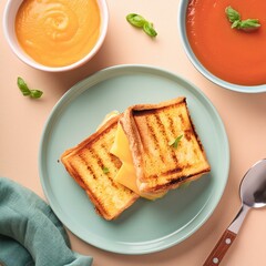 Wall Mural - Grilled cheese sandwich on a plate next to tomato soup in a bowl