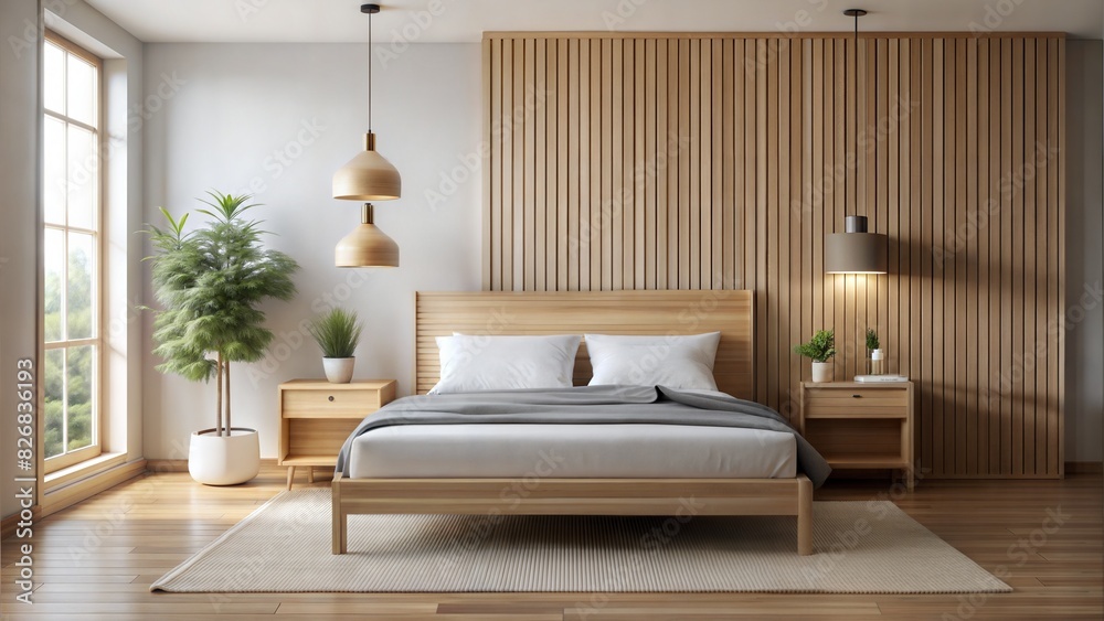Minimal Style , Wooden home bedroom interior with bed and nightstand ...