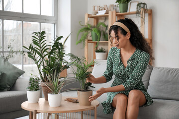 Wall Mural - Beautiful young African-American woman taking care of her plants in living room