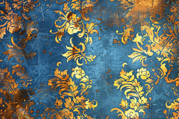 antique vintage rustic gold ornament on blue background and old wall interior building, retro wallpaper