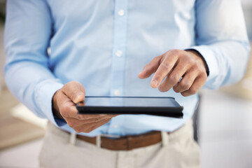 Aufkleber - Business man, hands and planning on tablet in office, communication and employee on internet. Male person, consultant and check email or online for research, project management and web for networking