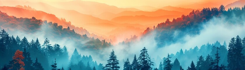 Stunning sunrise over misty mountain forest, with colorful sky and serene landscape, capturing natural beauty and tranquil morning atmosphere.