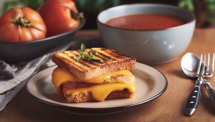 Wall Mural - Grilled cheese sandwich on a plate next to tomato soup in a bowl on a modern kitchen table