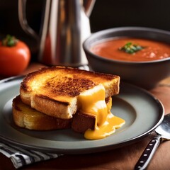 Wall Mural - Grilled cheese sandwich on a plate next to tomato soup in a bowl on a modern kitchen table