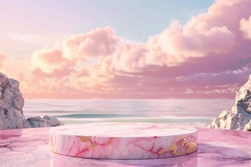 Wall Mural - Stone podium tabletop floor in outdoor on sky pink gold pastel soft cloud blurred background.Beauty cosmetic product placement pedestal present promotion stand display, concept - generative ai