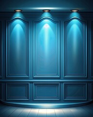 Poster - Elegant blue door with spotlight illumination in a dark room.