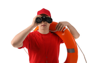 Wall Mural - Male lifeguard with ring buoy looking through binoculars on white background