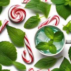 Poster - Cup of peppermint tea with fresh mint leaves and a candy cane3