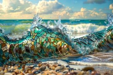 Wall Mural - ocean waves made of stain glass crashing on a beach abstract