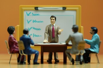 Wall Mural - office meeting with manager in front of white board, employees sitting around table, Collectible figure made out of resin  