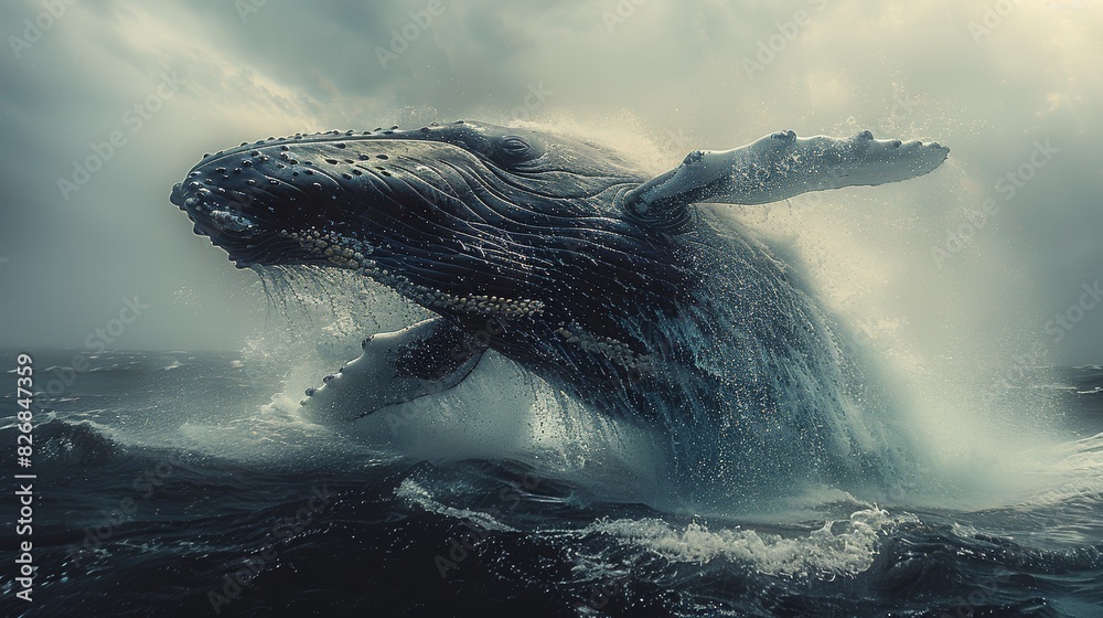 Majestic humpback whale breaching the ocean surface under dramatic ...