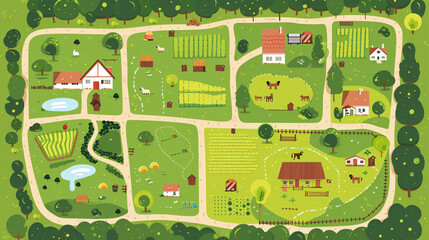 cute style cartoon map of the farm, simple lines, green background. There is an entrance in front and one building inside with many buildings on both sides, which has four small areas