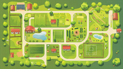 cute style cartoon map of the farm, simple lines, green background. There is an entrance in front and one building inside with many buildings on both sides, which has four small areas