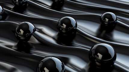 Poster - abstract background with shiny metal spheres on black wavy surface, 3d wallpaper, business presentation background, web home page banner 