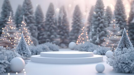 Wall Mural - Christmas backgrounds with podium stage platform in minimal New year event theme. Merry Christmas scene for product display mock up banner. Empty stand pedestal decor in Xmas winter scene. 3D render.