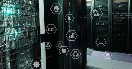 Poster - Image of data processing with icons over server room