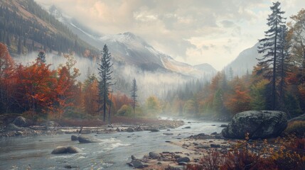 Wall Mural - A misty autumn morning in the wilderness by a big rapid mountain stream with a sandy shore encompassed by mountains cloaked in a blend of autumn woods