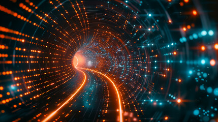 Poster - a tunnel of glowing binary codes and circuit lines, futuristic technology background digital cyber t