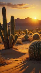 Wall Mural - illustration of a cactus in the desert with a sunset view