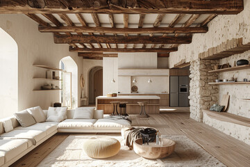 Rustic Tuscan farmhouse interior featuring stone textures, minimalist design, warm natural light, wooden beams, cozy furnishings, and a charming, tranquil countryside ambiance.