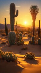 Wall Mural - illustration of a cactus in the desert with a sunset view