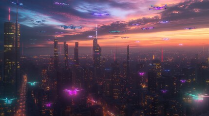 A mesmerizing cityscape at dusk, with AI-powered drones lighting up the skyline with vibrant colors. 32k, full ultra HD, high resolution