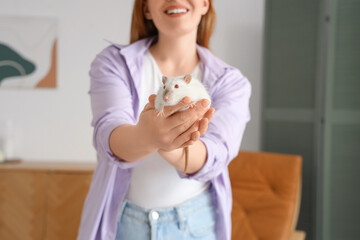 Sticker - Young woman with cute white rat at home, closeup