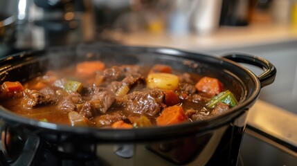 Wall Mural - A hearty bowl of beef stew simmering on the stove, filling the kitchen with comforting aromas