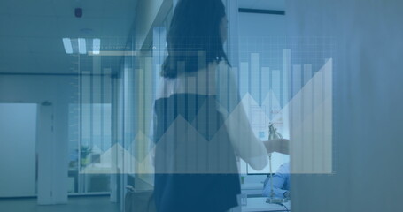 Poster - Image of graphs and loading bar over biracial woman walking in office and opening door