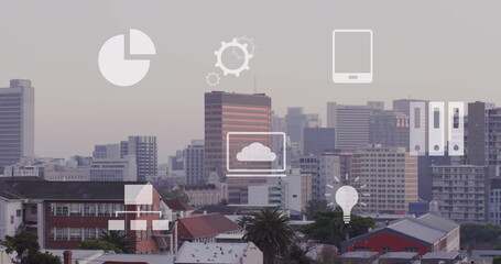 Poster - Image of multiple icons over modern cityscape against sky