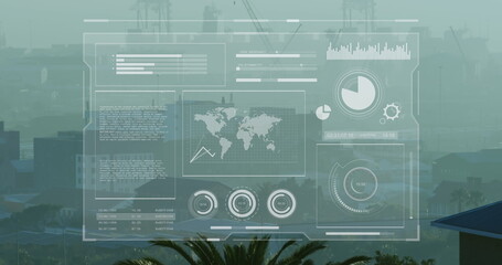 Canvas Print - Image of multiple graphs, loading circles and map over modern city against sky