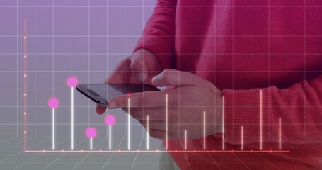 Poster - Image of graph on grid pattern over midsection of man standing and using cellphone