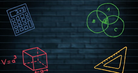 Poster - Colorful chalk drawings of mathematical symbols decorating school wall