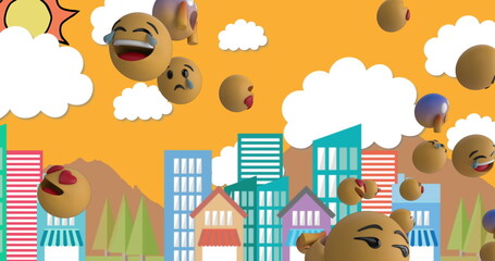 Poster - Emojis floating above colorful cityscape, showing various emotions