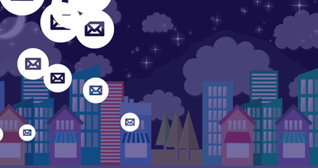Poster - Email icons floating above varying-sized buildings under starry night sky