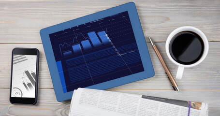 Poster - devices on table displaying financial charts, alongside a coffee cup