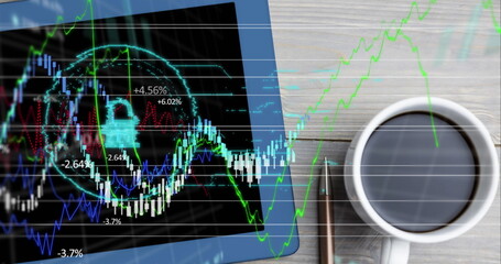 Poster - Computer screen showing stock market graphs on blue background
