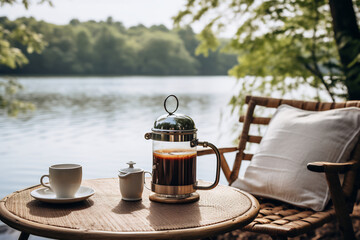 Cozy lakeside setting with a French press coffee maker and cup on a wooden table, comfortable chair with cushions, serene and peaceful atmosphere