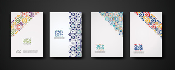 Wall Mural - Set islamic cover design template with colorful detail and texture of floral mosaic islamic art ornament.