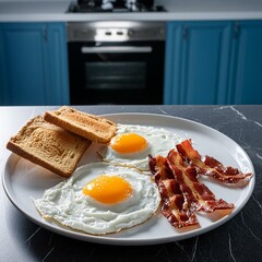 Wall Mural - Sunny side up eggs with slices of bacon and slices of toast on a white plate in a kitchen
