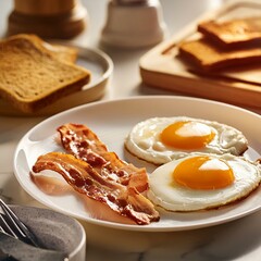 Wall Mural - Sunny side up eggs with slices of bacon and slices of toast on a white plate in a kitchen
