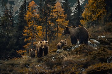 Wall Mural - Wild Brown Bears Roaming in Woodland