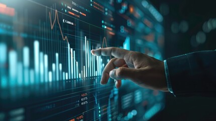 Poster - Close-up of a businessman's hand touching a digital interface with overlapping bar graphs, representing financial insights and technology