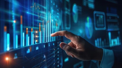 Poster - Close-up of a businessman's hand touching a digital interface with overlapping bar graphs, representing financial insights and technology