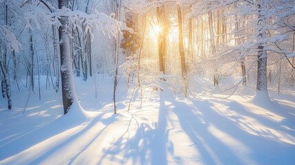 Wall Mural - Snow covered forest during winter with gentle sunlight