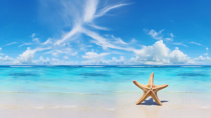 Wall Mural - Starfish on a pristine sandy beach with crystal clear turquoise water and a bright blue sky, capturing the essence of a tropical paradise