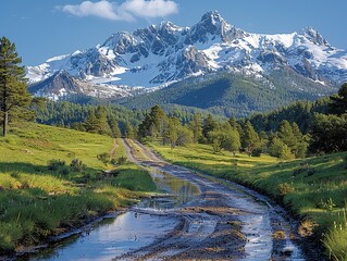 Wall Mural - High-definition photography capturing the magnificent painting created by the intersection of spring's snow-capped mountains and grassland, where distant snow-covered peaks tower over verdant meadows,