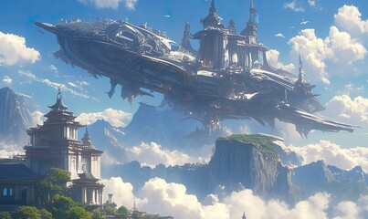 Wall Mural - Airship gliding through a sky full of clouds with a beautiful mountain backdrop